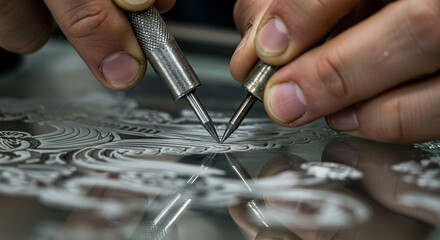 Hands etch glass crafting detailed patterns in studio artisanal engraving artistry