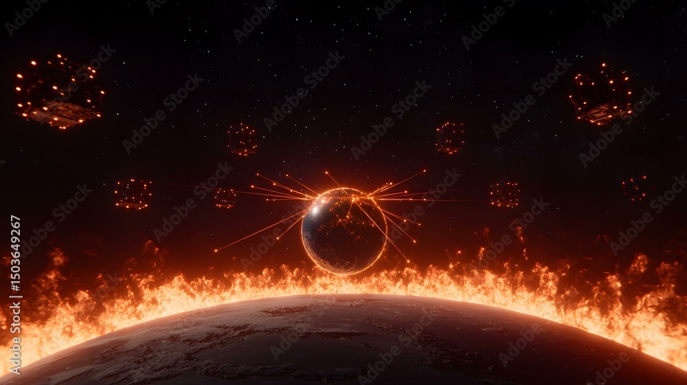 Poster a fiery inferno engulfs a planet as multiple glowing, cube-shaped objects in space unleash beams of 