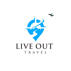 Creative Artistic Location Pin Compass with Mountain Airplane Travel Destination Logo