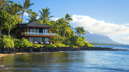 beautiful oceanfront property surrounded by palm trees and mountains, offering serene view