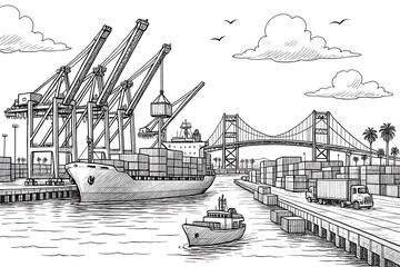 A bridge spans the river in the industrial city harbor with a cargo ship and cranes under the sky