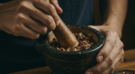 Hands grind floral ingredients in mortar aromatic herbs preparation indoors preparation