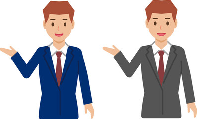 「こちらへ」と笑顔のベリーショートの若い男性。スーツ姿の上半身