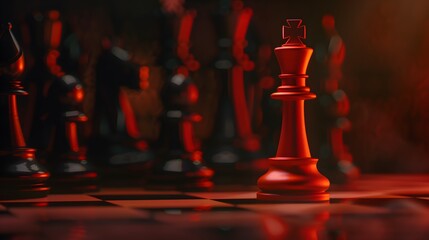 A close-up view of a vibrant red chess king standing 