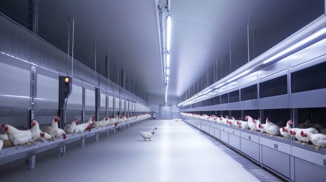 Modern Chicken Farm Interior: Rows of Chickens in Automated Housing System