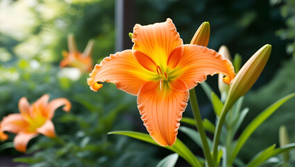 Fototapeta premium Garden scene with blooming orange Hemerocallis daylily, showcasing natural beauty and floral detail