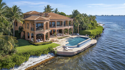 Obraz premium Luxurious oceanfront property with stunning views, pool, and lush landscaping