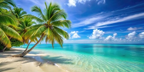 serene beachscape with turquoise water and swaying palm trees in the wind , sandy, tropical,  sandy, tropical, turquoise, relaxation