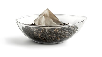 Aromatic Loose Leaf Tea in Glass Bowl with Paper Tea Bag, on White