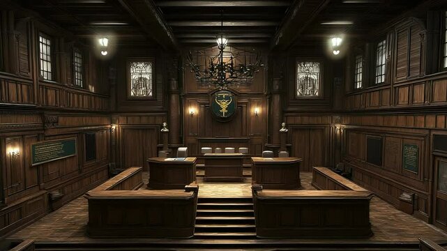 Ornate courtroom interior featuring dark wood paneling and classical architectural elements