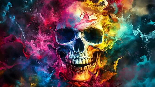 Vibrant skull with swirling colors in abstract expressionist style painting
