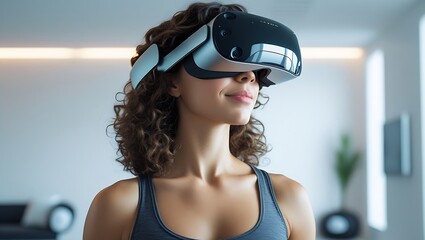 Naklejka premium Fit Woman Experiencing Virtual Reality in Minimalist Room