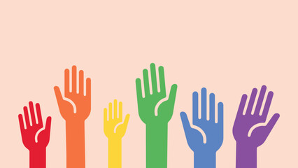 Obraz premium rainbow hands reaching up, lgbt pride month banner, simple flat style