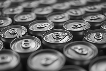 Monochromatic still life of beverage cans, emphasizing industrial repetition