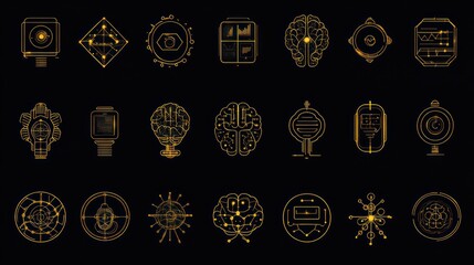 Golden Futuristic Tech Icons: A Collection of Abstract Symbols