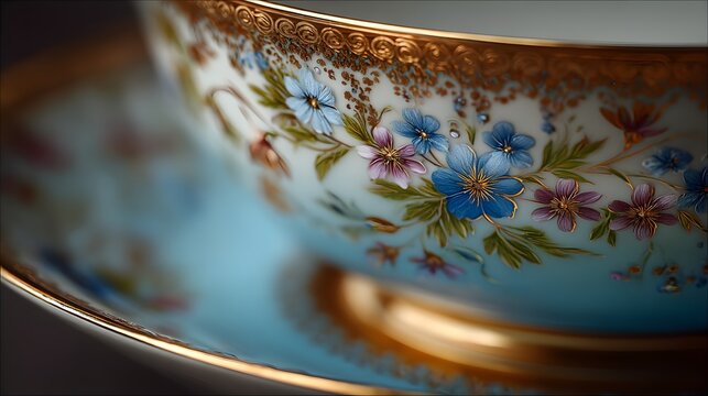 An exquisite antique porcelain teacup and saucer with delicate hand-painted blue and pink floral designs and gold trim are showcased.