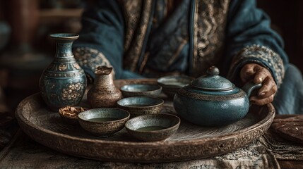 A person's hands carefully pour tea from a rustic blue teapot into small ceramic cups on a wooden tray.