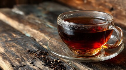 A steaming cup of black tea sits on a rustic wooden table with loose tea leaves scattered nearby.