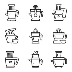 Juicer and Citrus Extractor Icons Set. Various Citrus Juicers and Juicing Equipment Line Art Illustrations
