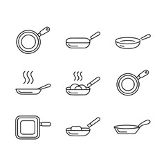 Frying Pan and Cooking Skillet Icons Set. Various Types of Pans in Line Art Style
