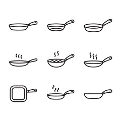 Frying Pan and Cooking Skillet Icons Set. Various Types of Pans in Line Art Style
