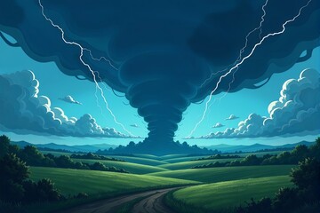 Cel-shaded animated tornado over farmlands, dark skies with stylized lightning bolts, anime-style weather catastrophe scene