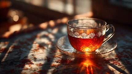 A glass teacup of amber tea rests on a saucer on a patterned tablecloth in warm sunlight.