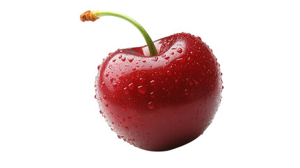 Single red cherry with water drops isolated on transparent background