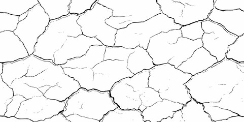 Abstract white brick wall with black grout lines shows a cracked and aged texture, and tear on the surface of the brick pattern	