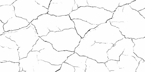 Abstract white brick wall with black grout lines shows a cracked and aged texture, and tear on the surface of the brick pattern	