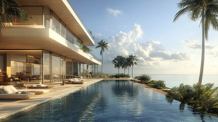 Obraz premium Luxurious oceanfront property with stunning pool and palm trees, perfect for relaxation