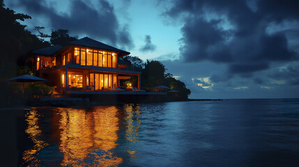Fototapeta premium Luxurious oceanfront property with stunning sunset reflections and serene atmosphere