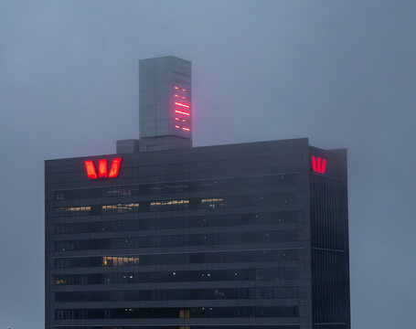 Sydney, New South Wales, Australia - 05 16 2025: The Westpac bank building in early morning fog.