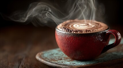 A steaming cup of rich cappuccino sits on a rustic wooden table in a cozy cafe setting, perfect for a relaxing morning.