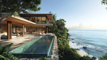Obraz premium Luxurious oceanfront villa with stunning pool and tropical surroundings, perfect for relaxation