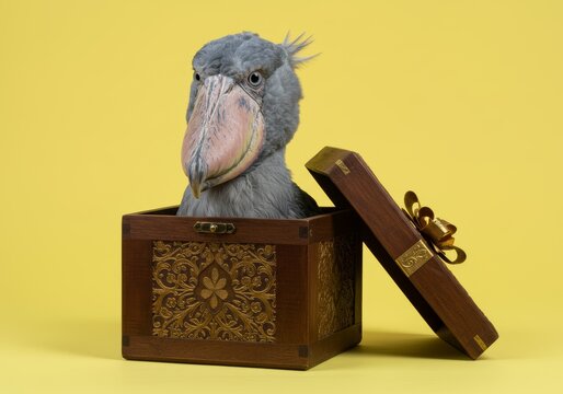 Surprise Shoebill Stork in a Decorative Box on a Sunny Yellow Background