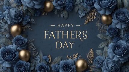 Celebrate Father's Day with elegant blue floral decorations and golden accents highlighting the warmth of love and gratitude for fathers