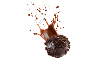 Chocolate truffle with melted chocolate splash isolated on transparent background
