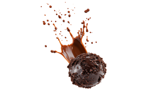 Chocolate truffle with melted chocolate splash isolated on transparent background