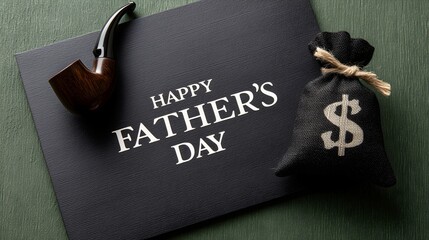 Happy Father's Day card with vintage pipe and money bag on dark green background