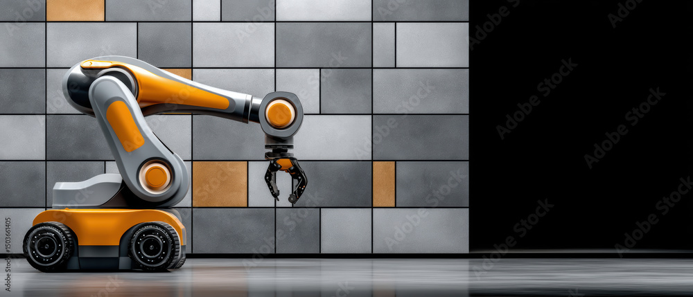 Poster modern robotic arm in construction setting showcases advanced technology with sleek design and preci