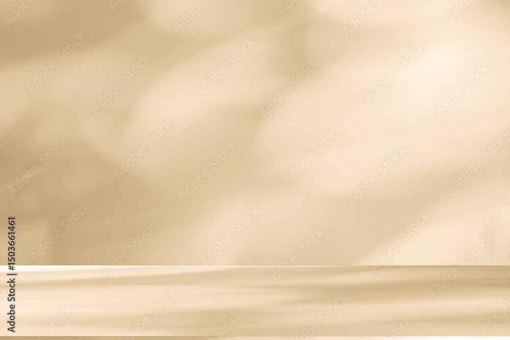 Poster Wall interior background, studio and backdrops show products. with leaf shadow from window color beige and white. background for text insertion and presentation of product	