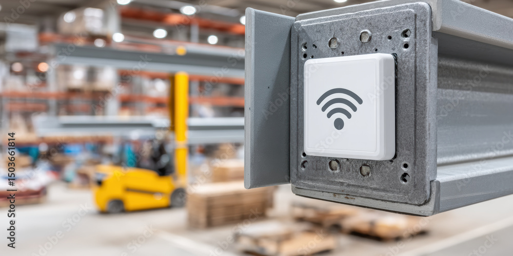 Poster wireless sensor device mounted on steel beam in warehouse showing technology use in construction for