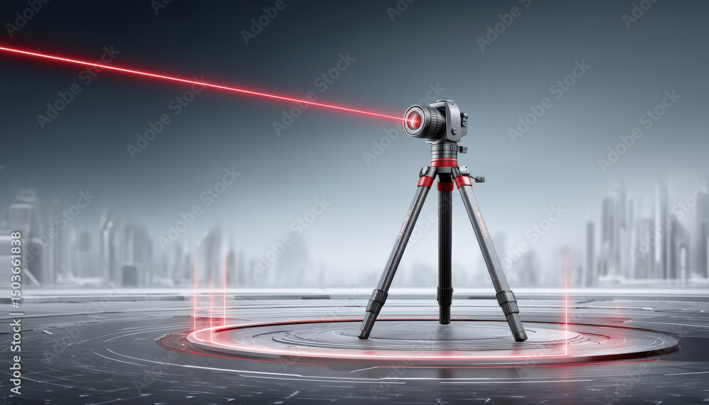Poster laser level tool with tripod on construction site showing advanced technology for precise measuremen