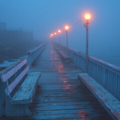 Naklejka premium Wooden pier with a light casting a warm glow.
