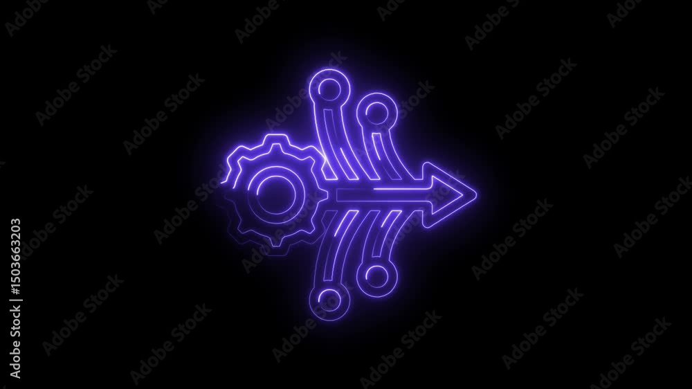 Poster glowing neon gear with arrow representing automation,data processing,and technological advancement
