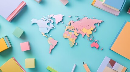 Obraz premium World Map With Books And Blocks On Blue Background