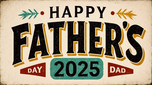 Vintage-style Happy Fathers Day logo celebrating dads for 2025 with colorful typography and festive design elements