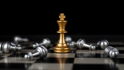 Gold Chess King Piece Surrounded by Silver Pawns on a Black and White Board for Strategy Games