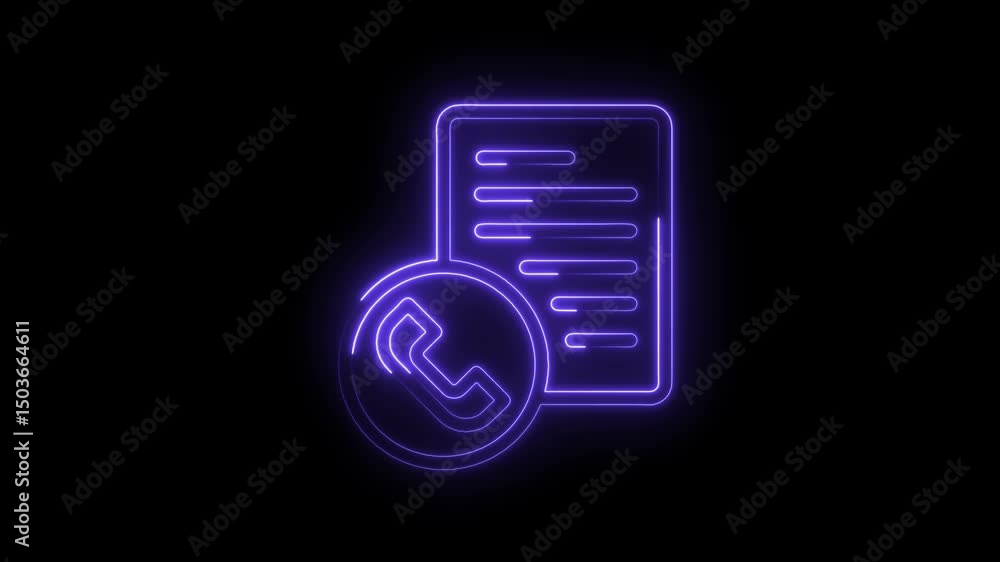 Poster glowing neon call center icon with data sheet against a dark background